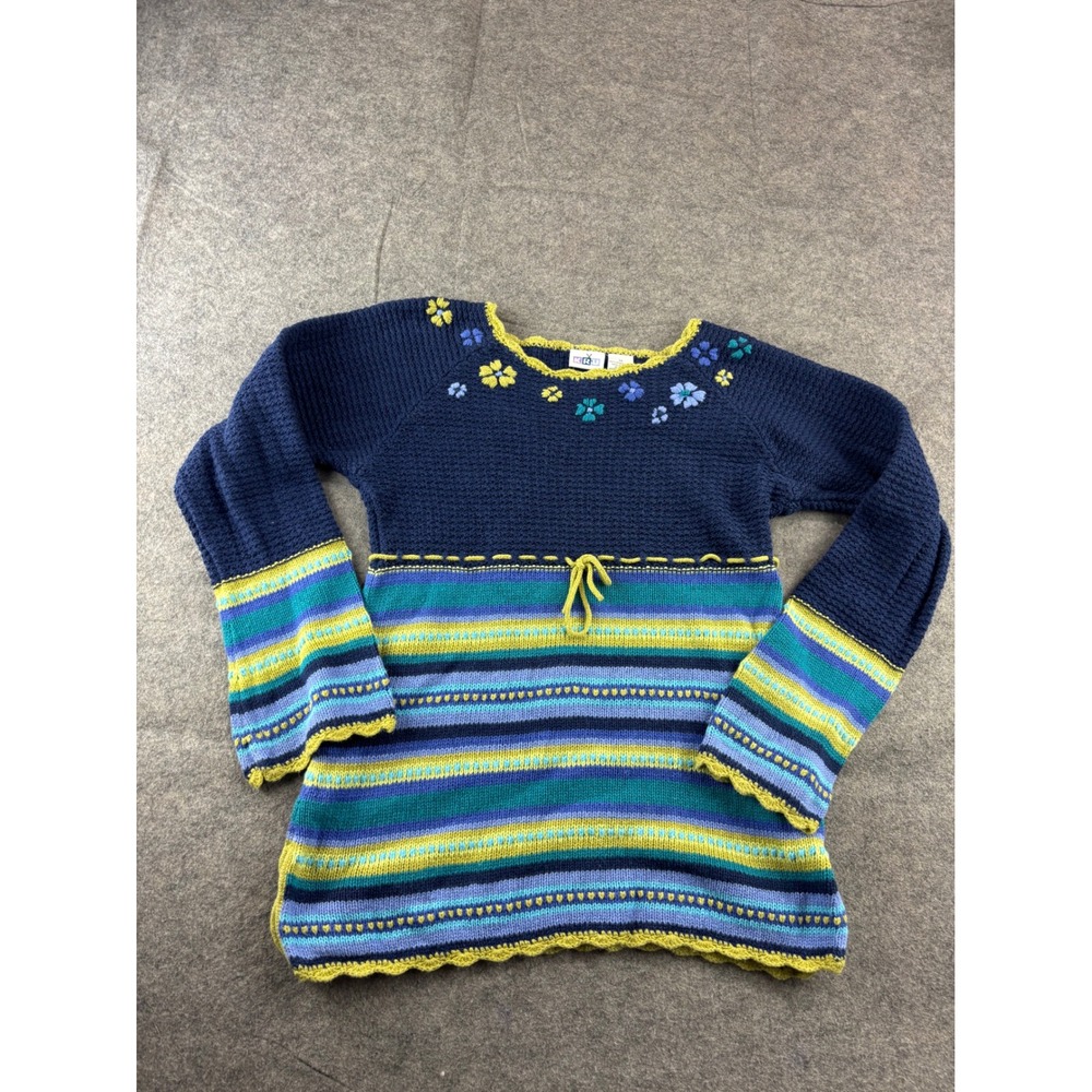 KRU Girls Size 14 Striped Knit Sweater Floral Crochet Blue Lizzie y2k 00s Whimsy